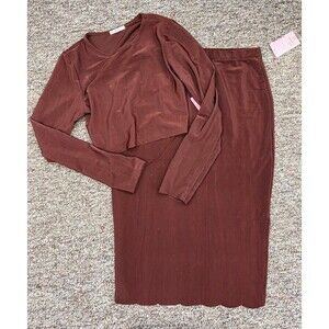 Women’s Ribbed Long Sleeve Top w/ open back tie, long scalloped side slit skirt